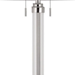 Chrome floor lamp with a traditional design, featuring a white rectangular shade and two pull chains for light control.