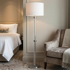 60" Chrome Two Light Traditional Floor Lamp with White Rectangular Shade, featuring a sleek design in a cozy room setting.