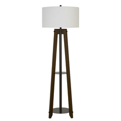 65" brown tripod floor lamp with a white rectangular shade and two shelves for storage or display. Elegant and modern design.
