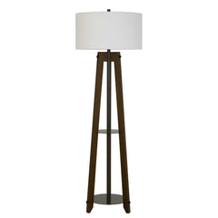 65" brown tripod floor lamp with a white rectangular shade and a lower shelf for added functionality.