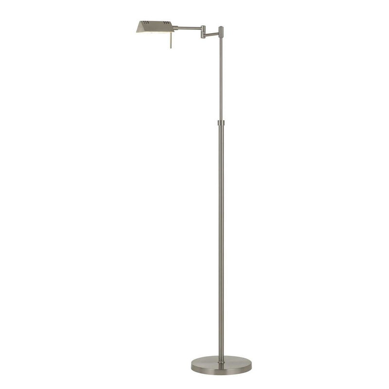 Nickel metal adjustable swing arm floor lamp with a gray shade.