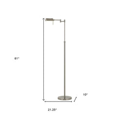 61" Nickel Metal Adjustable Swing Arm Floor Lamp with Gray Shade, featuring a sleek design and a sturdy base.