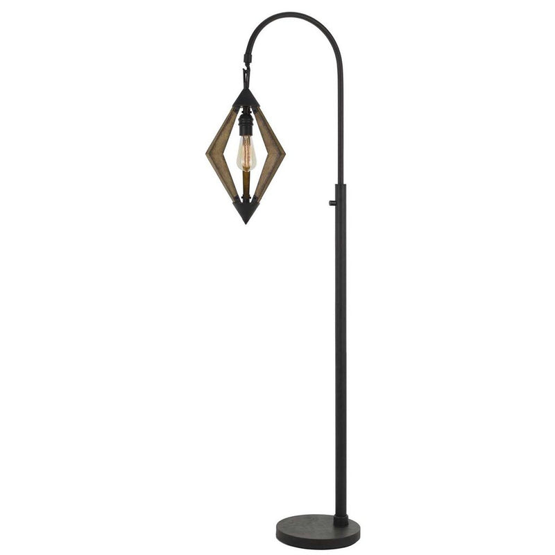 Black metal floor lamp with a straight pole extending from a single base.