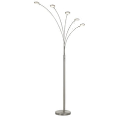72" Nickel Five Light LED Arc Floor Lamp with a sleek design featuring five curved arms and circular light fixtures.