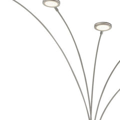 72" Nickel Five Light LED Arc Floor Lamp with curved arms and circular light fixtures, designed for modern lighting.