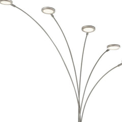 72" Nickel Five Light LED Arc Floor Lamp with five curved arms and circular light fixtures, showcasing a modern design.