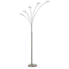 72" Nickel Five Light LED Arc Floor Lamp with a sleek design featuring five curved arms and circular light fixtures.