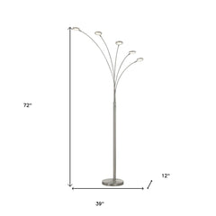 72" Nickel Five Light LED Arc Floor Lamp with five curved arms and circular light fixtures, featuring a sleek metallic design