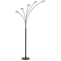 72" Bronze Five Light LED Arc Floor Lamp with a sleek design featuring five curved arms and circular light fixtures.