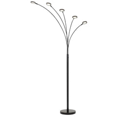 72" Bronze Five Light LED Arc Floor Lamp with a sleek design featuring five curved arms and circular light fixtures.