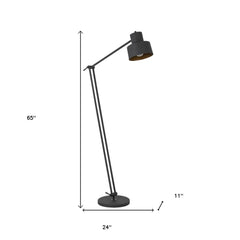Black adjustable floor lamp with a traditional shape, featuring a black dome shade and a sturdy base. Height: 65", base diame