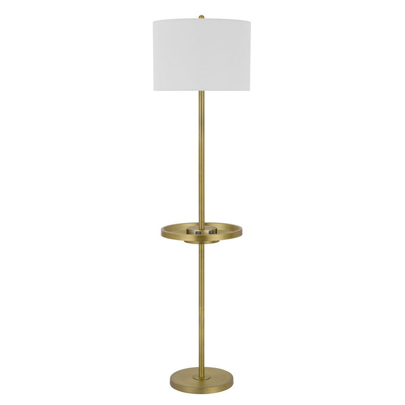 Brass tray table metal floor lamp topped with a white square fabric shade.