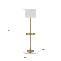 62" Brass Tray Table Floor Lamp with White Square Shade, featuring a sleek design and integrated tray table.