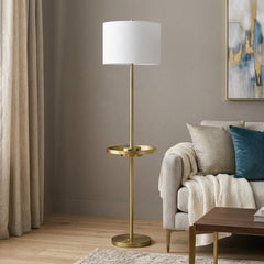 62" Nickel Tray Table Floor Lamp with White Drum Shade, featuring a sleek design and a convenient tray table. Ideal for livin