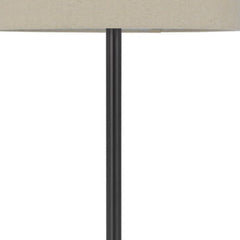 62" bronze tray table floor lamp featuring a beige drum shade and a sleek black metal pole. Ideal for stylish lighting.