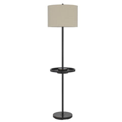 62" bronze tray table floor lamp featuring a beige drum shade and a circular tray for added convenience.