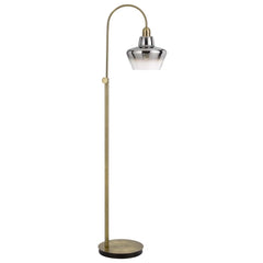61" Brass Adjustable Arc Floor Lamp featuring an antiqued brass base and mirrored glass novelty shade. Elegant and modern des