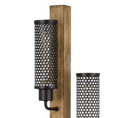 61" brown floor lamp featuring three lights with a traditional shape and a black novelty shade. Rustic wood base design.