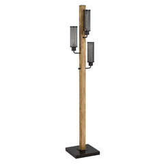 61" brown floor lamp with three traditional-shaped lights and a black novelty shade, featuring a wooden pole and a square bas