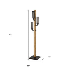 61" brown three-light traditional floor lamp with black novelty shades, featuring a wooden pole and square base.