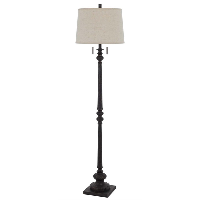 A 63-inch rust two-light floor lamp with a beige fabric square shade and straight pole.