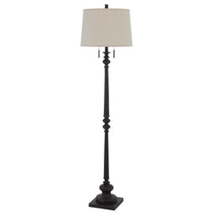 63" rust two-light floor lamp with a beige fabric square shade and a decorative base. Elegant design for home decor.