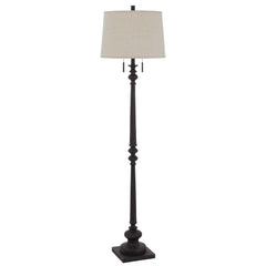 63" rust two-light floor lamp with a beige fabric square shade and a decorative base. Ideal for stylish lighting.