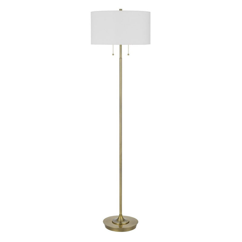 Brass two-light floor lamp featuring a white rectangular shade and metal base.