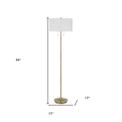 64" Brass Two Light Traditional Floor Lamp with a white rectangular shade, featuring a sleek design and adjustable lighting.