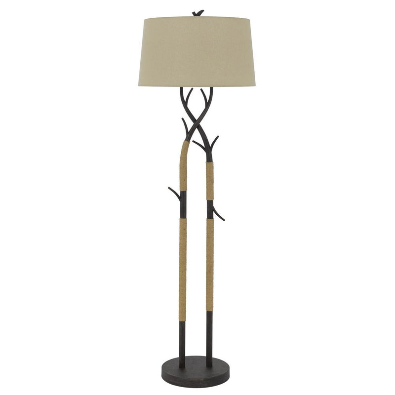 Black metal floor lamp with a rectangular tan linen shade.