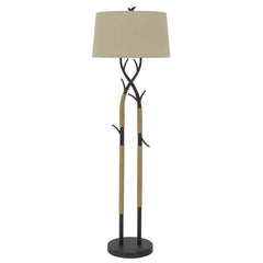 55" black metal floor lamp with rope accents and a tan fabric shade, designed to resemble tree branches.