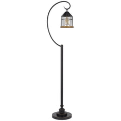 63" Bronze Traditional Shaped Floor Lamp with a curved arm and a cage-style shade, featuring a sturdy round base.