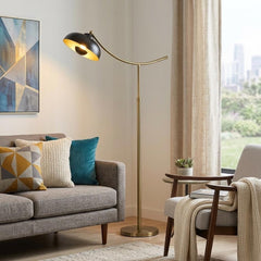 66" Bronze Adjustable Arc Floor Lamp with a bronze dome shade, featuring a sleek design in a cozy living room setting.