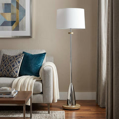 61" Chrome Traditional Floor Lamp with White Square Shade, featuring a sleek design and a wooden base, beside a cozy sofa.