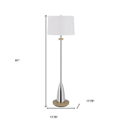 61" Chrome Traditional Shaped Floor Lamp with a white square shade and a round wooden base, featuring a sleek design.