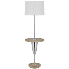 61" chrome tray table floor lamp featuring a white square shade and a stylish design with a wooden base.