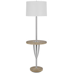 61" Chrome Tray Table Floor Lamp with a white square shade and a stylish chrome base featuring a circular wooden tray.
