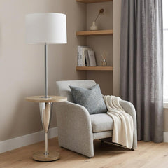 61" Chrome Tray Table Floor Lamp with White Square Shade beside a cozy chair, featuring a wooden tray table and soft gray dec