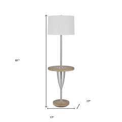 61" Chrome Tray Table Floor Lamp with a white square shade, featuring a chrome base and a wooden tray table.