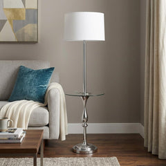 61" chrome tray table floor lamp with a white transparent glass square shade, featuring a sleek design beside a cozy sofa.