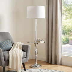 61" Chrome Tray Table Floor Lamp with a white transparent glass square shade, featuring a sleek design and a side table.