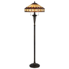 61" bronze floor lamp with a traditional design, featuring a purple and ivory abstract Tiffany glass empire shade.