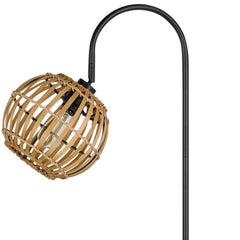 63" black traditional floor lamp with a brown globe shade made of woven material, featuring a curved black stand.