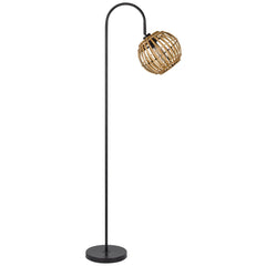 63" black traditional floor lamp with a curved arm and a brown globe shade, featuring a woven design for a stylish look.