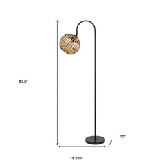 63" black traditional floor lamp with a brown globe shade, featuring a curved design and a sturdy round base.