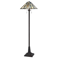 62" bronze floor lamp with a traditional Tiffany-style shade in gray and ivory abstract design. Elegant and stylish lighting.