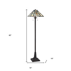 62" bronze floor lamp with a gray and ivory abstract Tiffany glass empire shade, featuring a traditional design and dual ligh