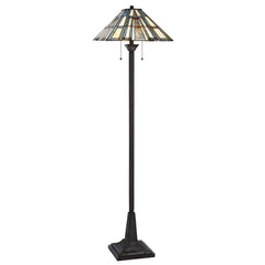 62" bronze floor lamp with a traditional design, featuring a gray and ivory abstract Tiffany glass empire shade.