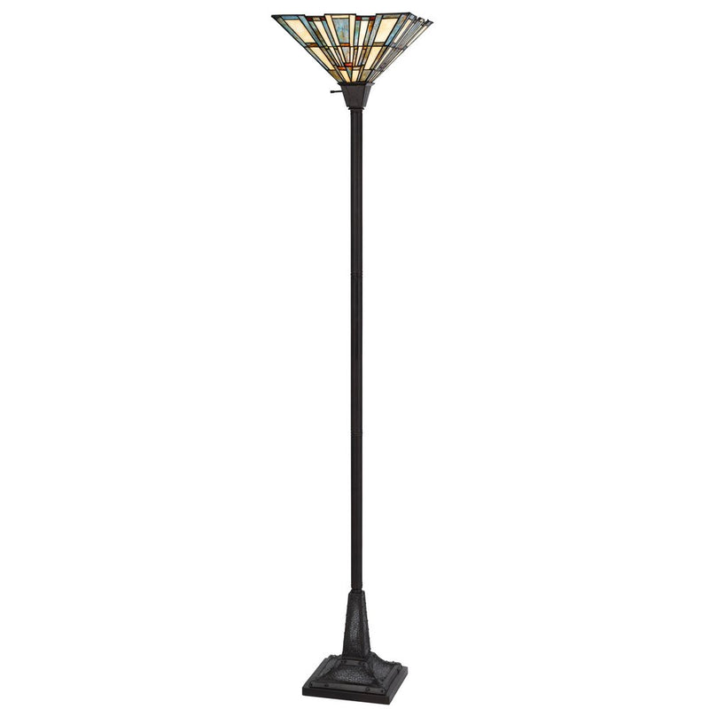 Bronze torchiere floor lamp with a gray and ivory abstract Tiffany glass novelty shade.