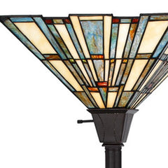 72" Bronze Torchiere Floor Lamp featuring a gray and ivory abstract Tiffany glass shade with geometric patterns.